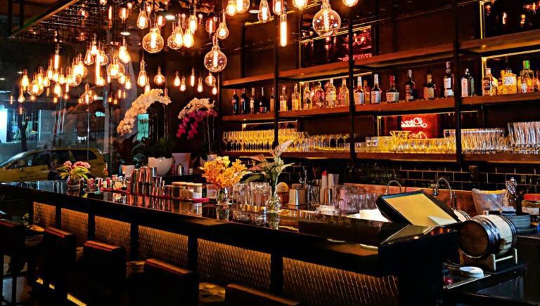 Wine bar with hanging lights