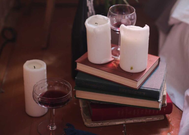 books, wine, and candles