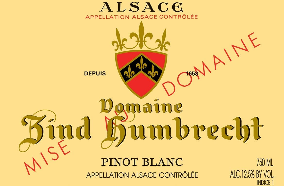 Zind-Humbrecht Pinot Blanc white wine label from Alsace, France