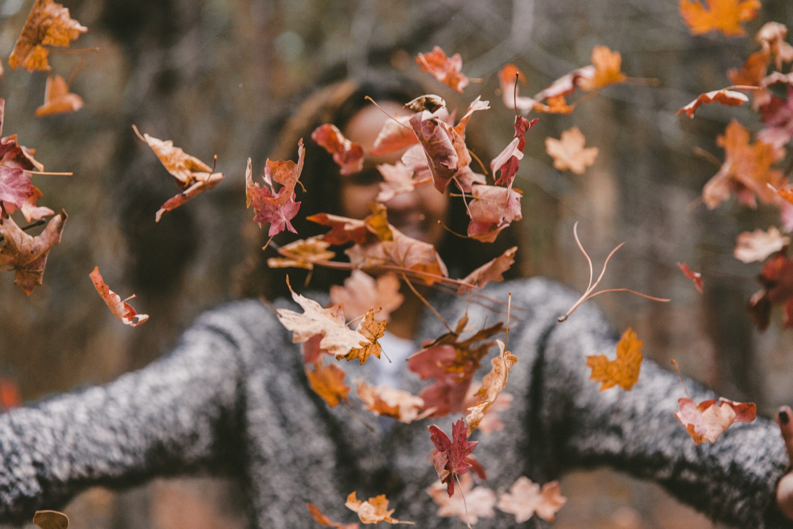 Girl throwing autumn leaves