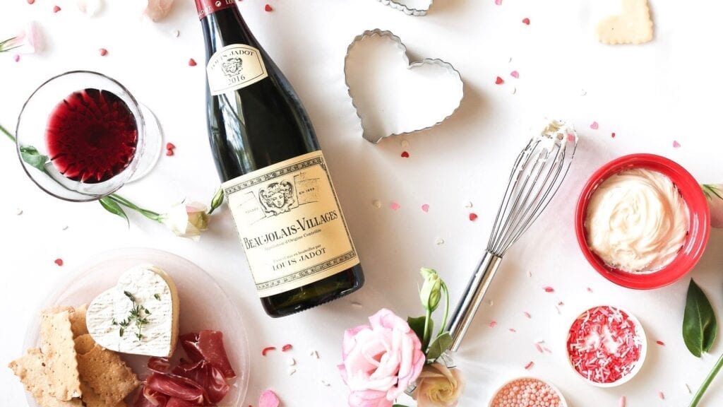 Louis Jadot Burgundy wine, Valentine's Day, cookies, Beaujolais Village, wine bottle