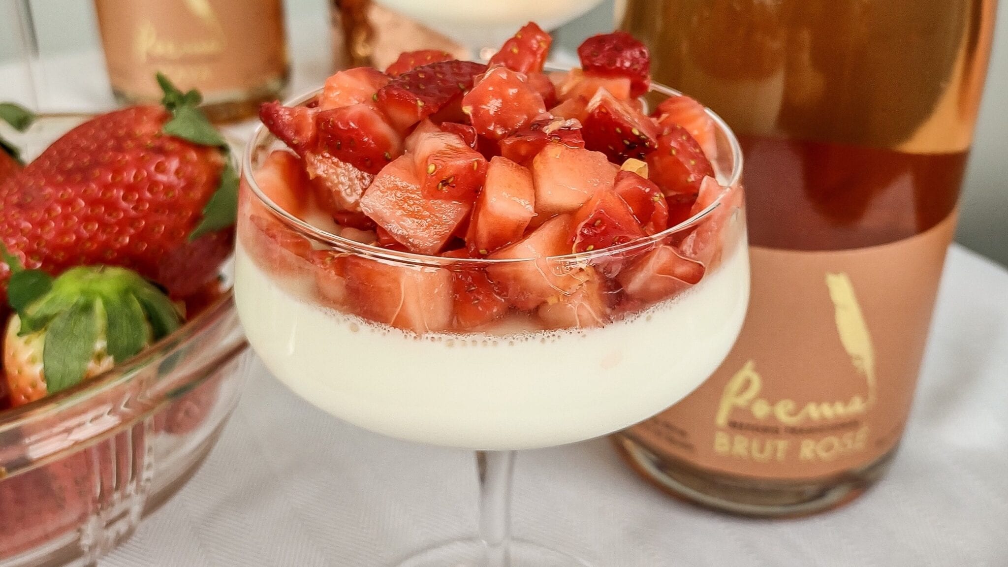 Panna cotta with strawberries and cava, sparkling wine. Valentine's Day recipe