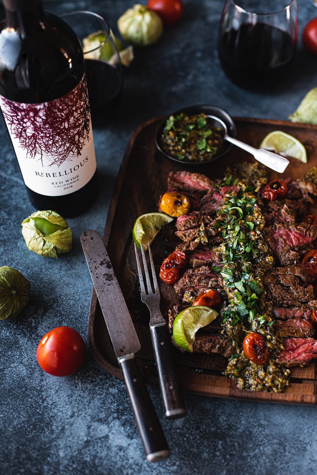 Rebellious wine red blend bottle, skirt steak, food, wine and food pairing