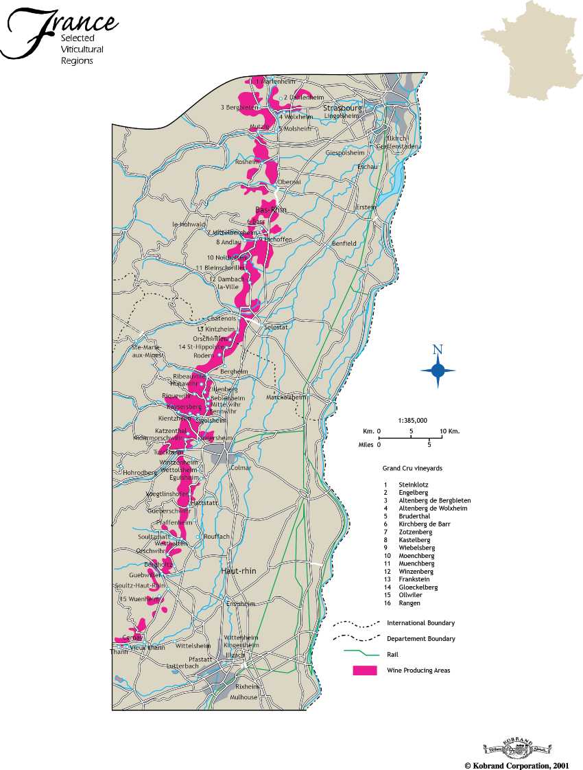 Map of Alsace, France winemaking region