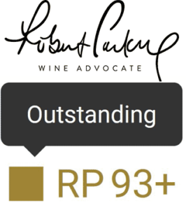 Robert Parker The Wine Advocate logo stating outstanding and 93-plus points rating score